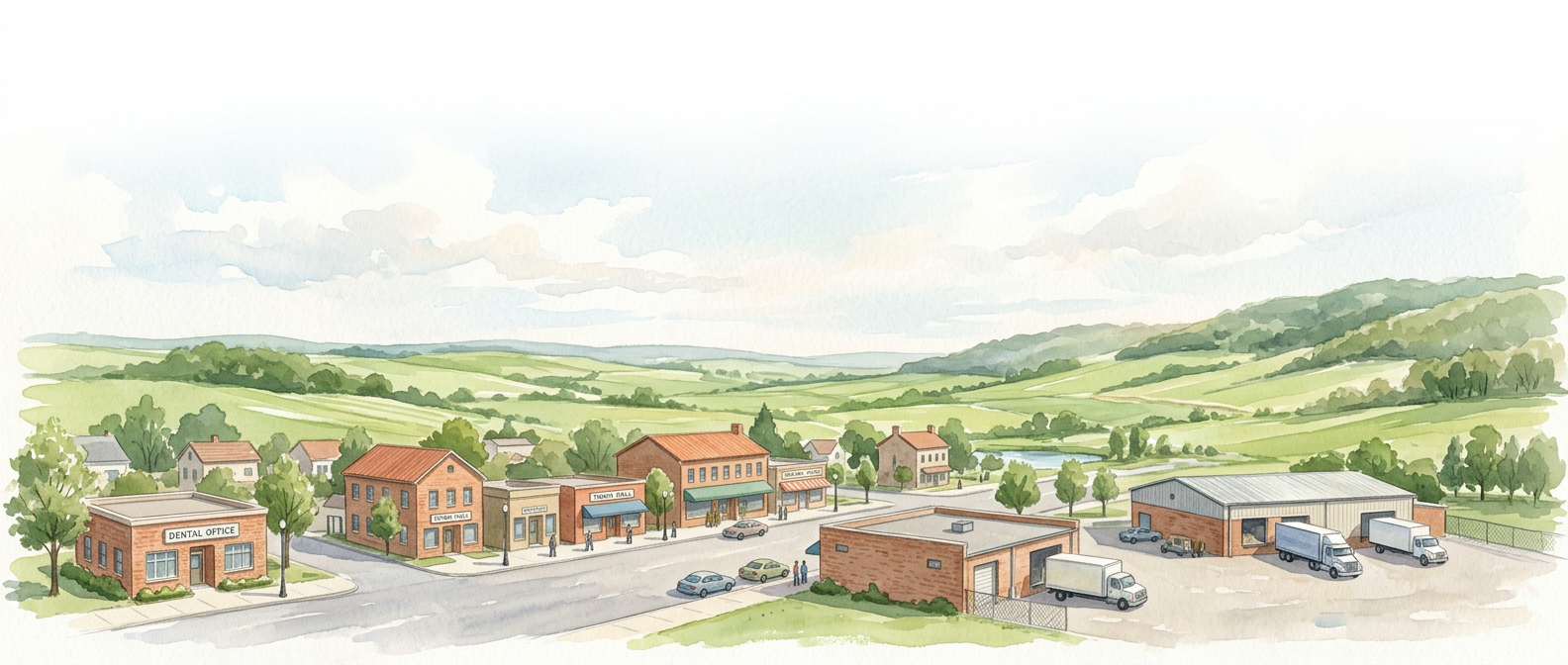 Watercolor illustration of a small town main street with offices and a warehouse, representing a local territory